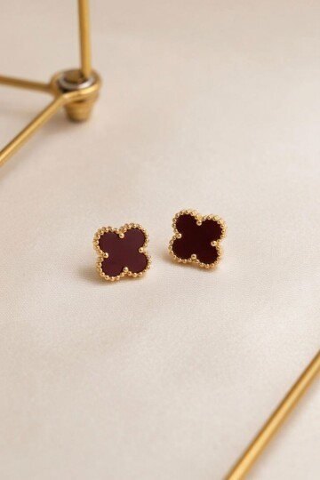 Bordo Yonca Figürlü Gold Kenarlı Küpe