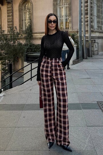 Bordo Yüksek Bel İspanyol Paça Ekose Pantolon