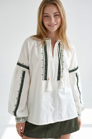 Ekru Balon Kol Nakışlı Ham Keten Bluz