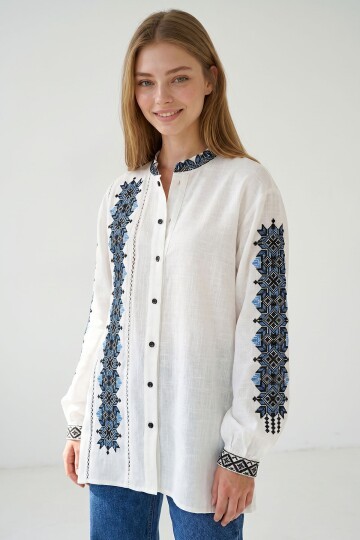 Ekru Hakim Yaka Nakışlı Keten Gömlek