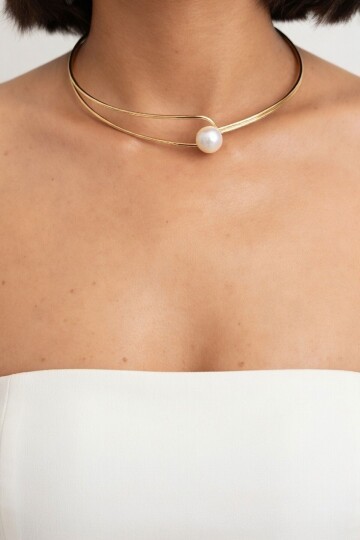 Gold İnci Detaylı Tasma Choker Kolye