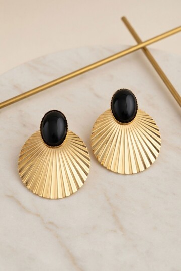 Gold Oval Taşlı Yelpaze Küpe