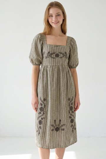 Gri Kare Yaka Prenses Kol Çizgili Çiçek Nakışlı Dokuma Elbise