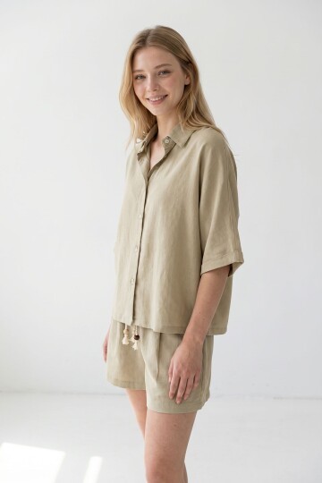 Haki Şort Ve Gömlek Yazlık Pamuklu Alt Üst Takım