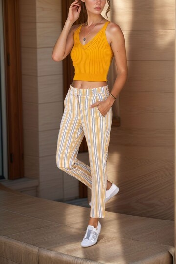 Hardal Keten Cepli Düğmeli Boru Paça Havuç Pantolon