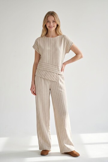 Alaçatı Keten Kahve Çizgili Alt ÜstTakım
