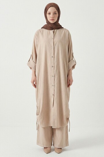 Krem Yanları Büzgülü Uzun Boy Gömlek Pantolon Tensel Kumaş Tesettür Alt Üst Takım