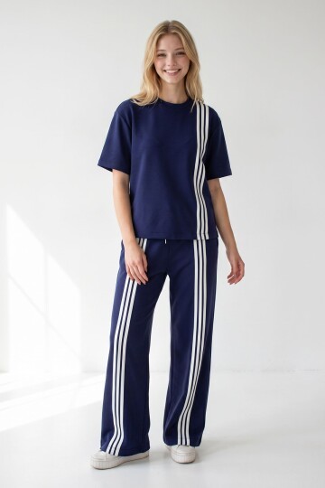 Lacivert Çizgili Modal Kumaş Alt Üst Takım