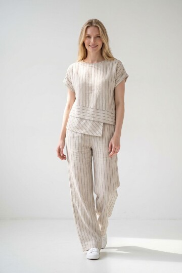 Alaçatı Keten Mavi Çizgili Alt Üst Takım