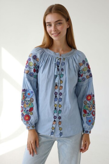 Mavi Hakim Yaka Püskül Bağcıklı Nakışlı Armürlü Dokuma Gömlek