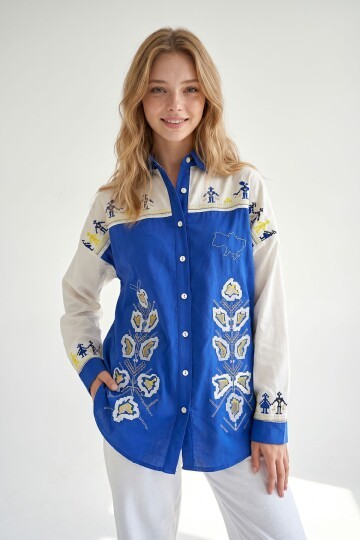 Mavi Nakışlı Poplin Oversize Gömlek