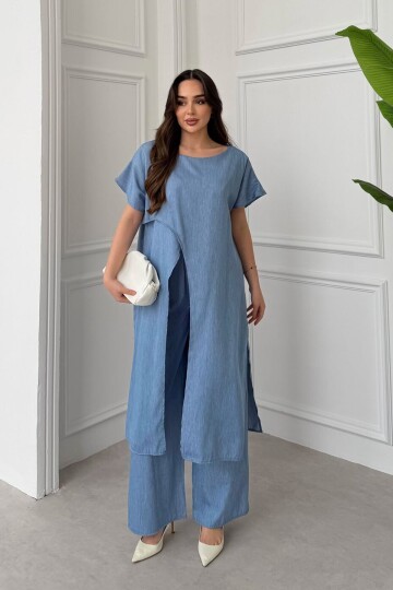 Mavi Önden Ve Arkadan Yırtmaçlı Tensel Kumaş Alt Üst Takım