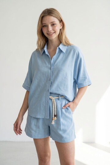 Mavi Şort Ve Gömlek Yazlık Pamuklu Alt Üst Takım