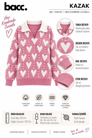 Pembe Polo Yaka Kalp Desenli Triko Kazak