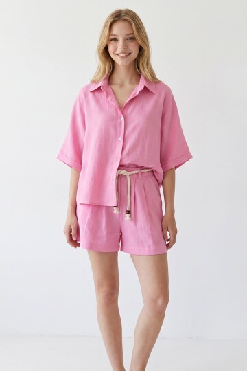 Pembe Şort Ve Gömlek Yazlık Pamuklu Alt Üst Takım