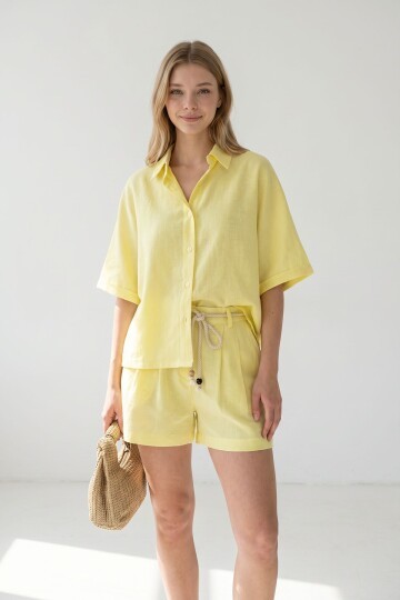 Sarı Şort Ve Gömlek Yazlık Pamuklu Alt Üst Takım