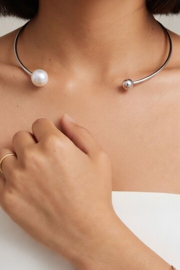 Silver İnci Detaylı Tasma Choker Kolye