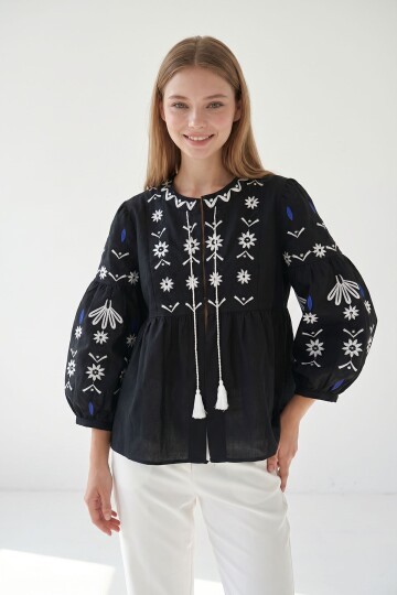 Siyah Balon Kol Nakışlı Ceket