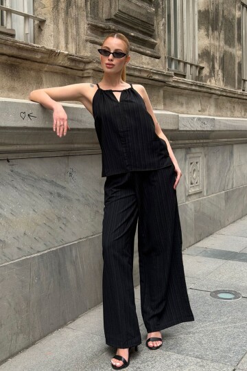 Siyah İp Askılı Kendinden Dokulu Alt Üst Takım 