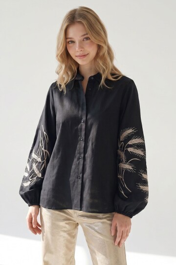 Siyah Kolları İşlemeli Poplin Dokuma Gömlek