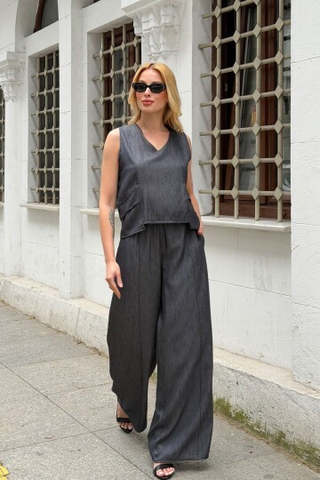 Siyah V Yaka Sıfır Kol Tensel Kumaş Dokuma Alt Üst Takım 