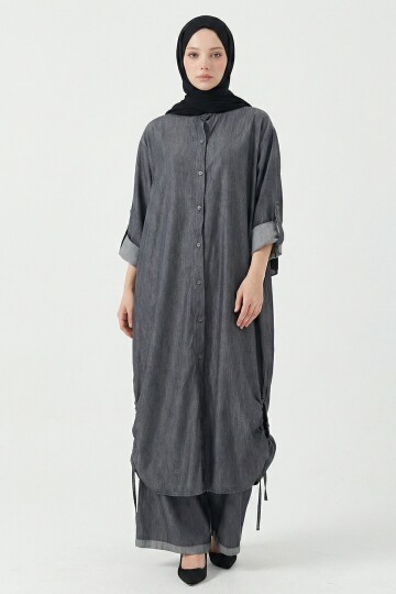 Antrasit Yanları Büzgülü Uzun Boy Gömlek Pantolon Tensel Kumaş Tesettür Alt Üst Takım