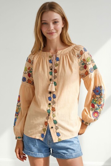 Somon Hakim Yaka Püskül Bağcıklı Nakışlı Armürlü Dokuma Gömlek