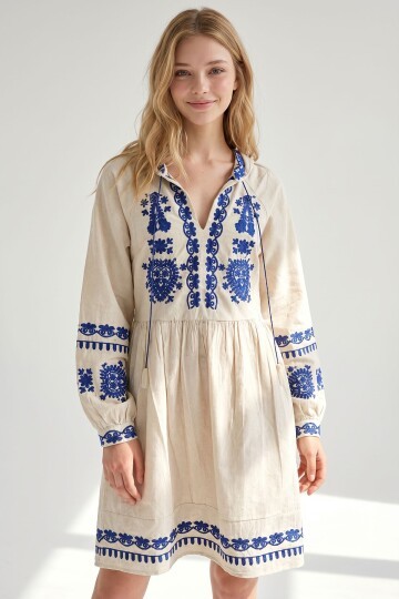 Taş V Yaka Nakışlı Ham Keten Elbise