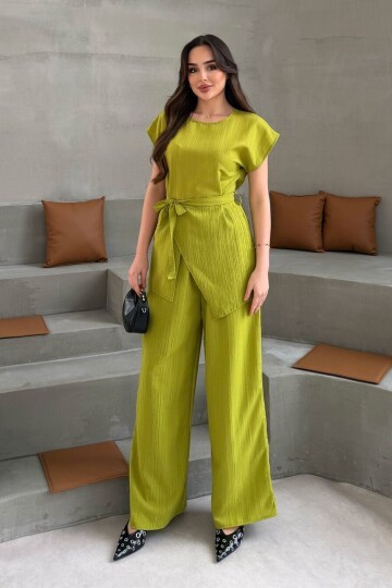 Yağ Yeşili Asimetrik Kesim Kuşaklı Yazlık Kumaş Alt Üst Takım