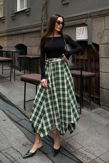 Yeşil Ekose Desenli Beli Kemerli Maxi Boy Etek