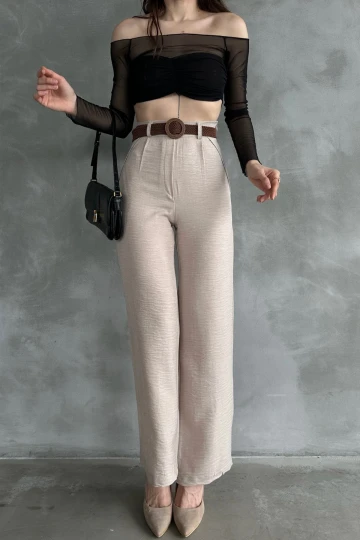 Bej Beli Kemerli Keten Pantolon BCDF-241103