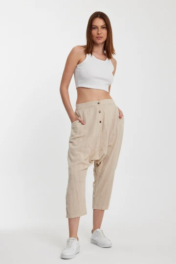 Maxi Boy Bej Çift Cepli Düğme Detaylı Düşük Ağ Şalvar Pantolon BCVL-245326