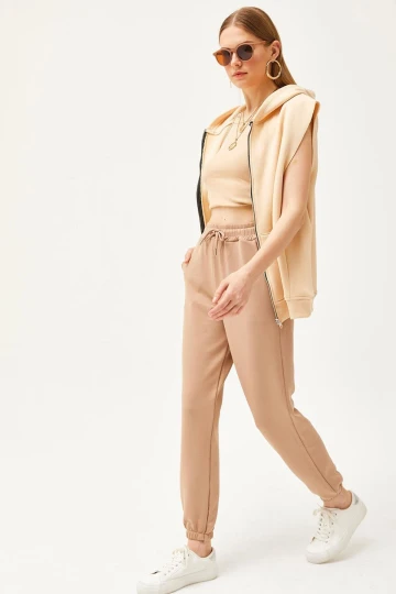 Bej Çift Cepli Yumuşak Dokulu Modal Paçası Lastikli Jogger Eşofman Altı