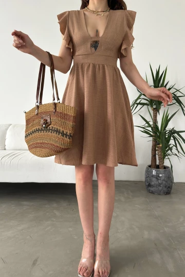 Bej Göğüs Dekolteli Kolları Volanlı Elbise BCDF-241069