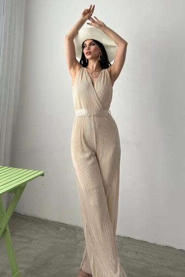 Bej V Yaka Kuşaklı Krinkle Tulum BCDF-241074