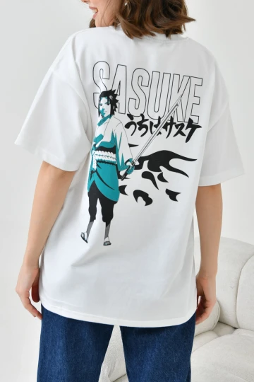 Beyaz Bisiklet Yaka İki İplik Sırtı Baskılı Oversize T-Shirt
