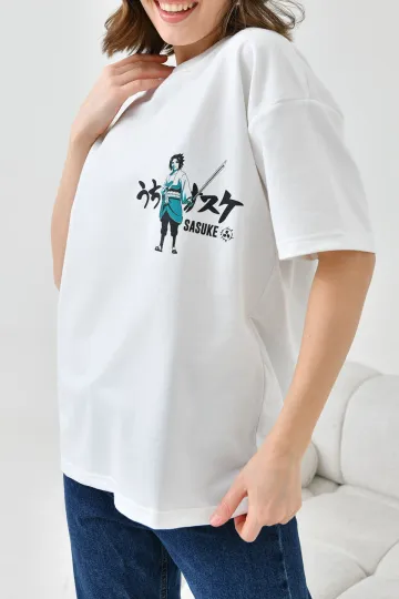 Beyaz Bisiklet Yaka İki İplik Sırtı Baskılı Oversize T-Shirt