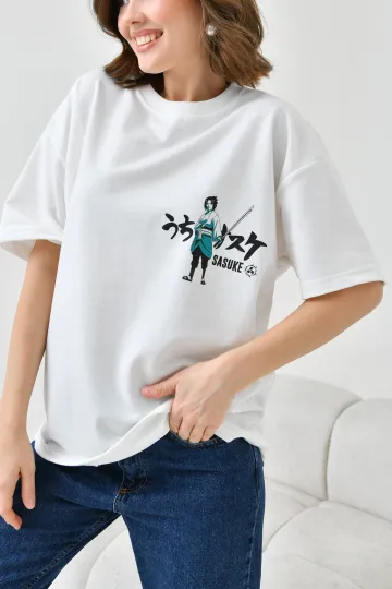 Beyaz Bisiklet Yaka İki İplik Sırtı Baskılı Oversize T-Shirt