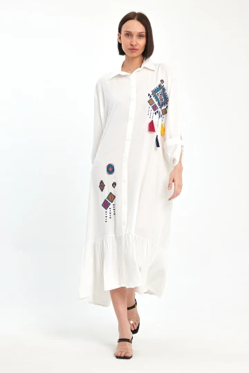 Maxi Boy Beyaz Nakış İşlemeli Uzun Boy Dokuma Elbise BCVL-241022