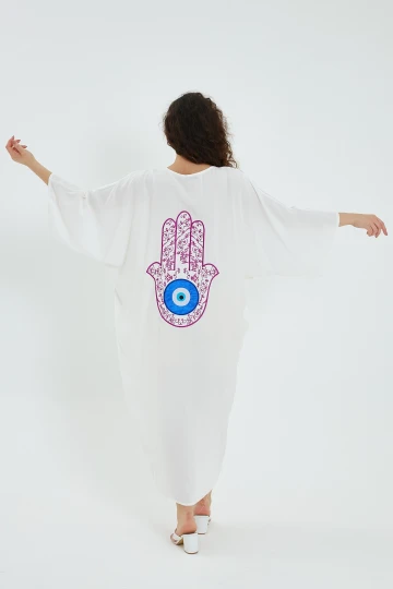 Maxi Boy Beyaz V Yaka Sırtı Nakışlı Oversize Uzun Dokuma Gömlek Elbise BCVL-24906