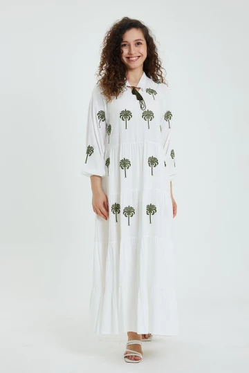 Maxi Boy Beyaz V Yaka Yakası Bağlamalı Nakış İşlemeli Uzun Boy Dokuma Elbise BCVL-24925