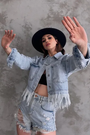 Buz Mavi Saçak Detaylı Denim Ceket