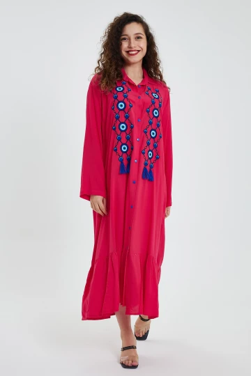 Maxi Boy Fuşya Nakış Ve Püskül Detaylı Uzun Boy Gömlek Elbise BCVL-24946