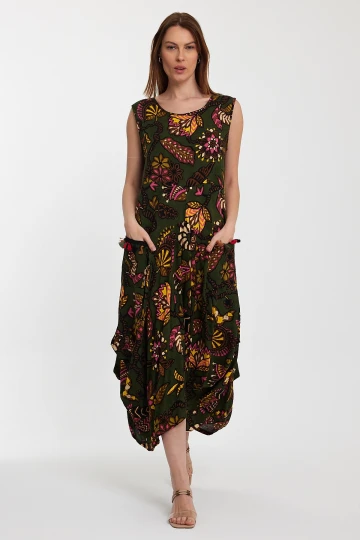 Maxi Boy Haki Bisiklet Yaka Çift Cepli Sıfır Kol Çiçek Desenli Rahat Kalıp Elbise BCVL-242014