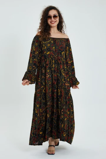 Maxi Boy Haki Düşük Omuz Lastikli Desenli Rahat Kesim Uzun Boy Dokuma Elbise BCVL-242251-1