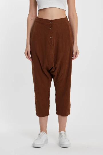 Maxi Boy Kahverengi Çift Cepli Düğme Detaylı Düşük Ağ Şalvar Pantolon BCVL-245326