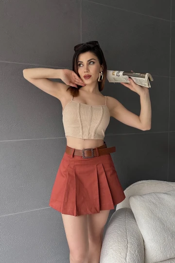 Kiremit Kendinden Kemerli Pileli Şortlu Etek