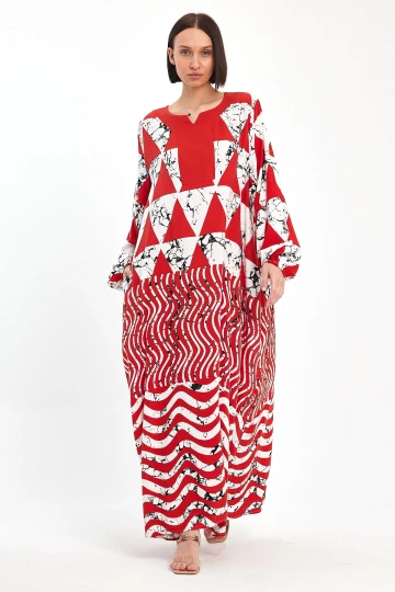 Maxi Boy Kırmızı Geometrik Desenli Bisiklet Yaka Uzun Boy Salaş Kesim Dokuma Elbise BCVL-241058
