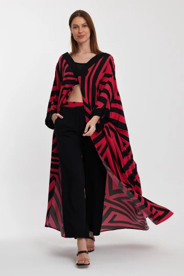 Maxi Boy Kırmızı Geometrik Desenli Pantolon Ve Uzun Kimono Ceket Alt Üst Takım BCVL-241015