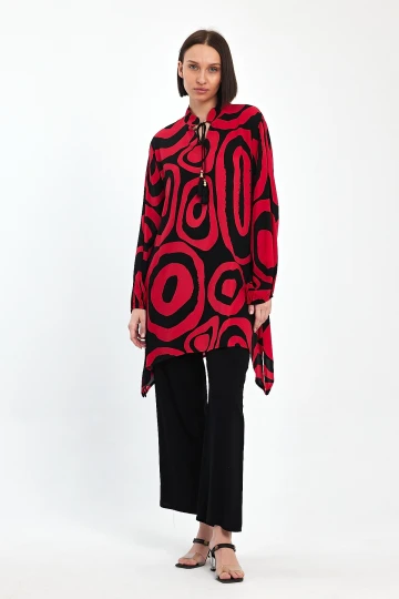 Maxi Boy Kırmızı Geometrik Desenli Pantolon Ve Uzun Tunik Alt Üst Takım BCVL-241017